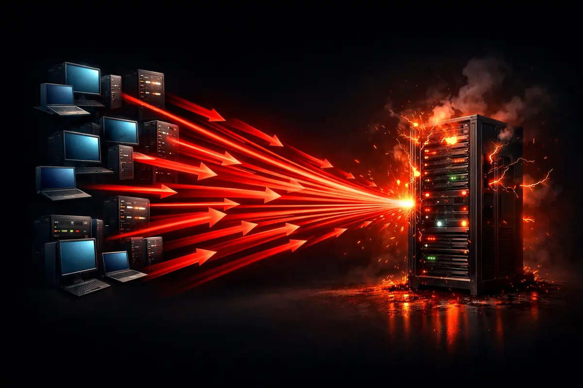 Schéma illustrant une attaque DDoS volumétrique, avec un serveur cible submergé par un flux massif de données.