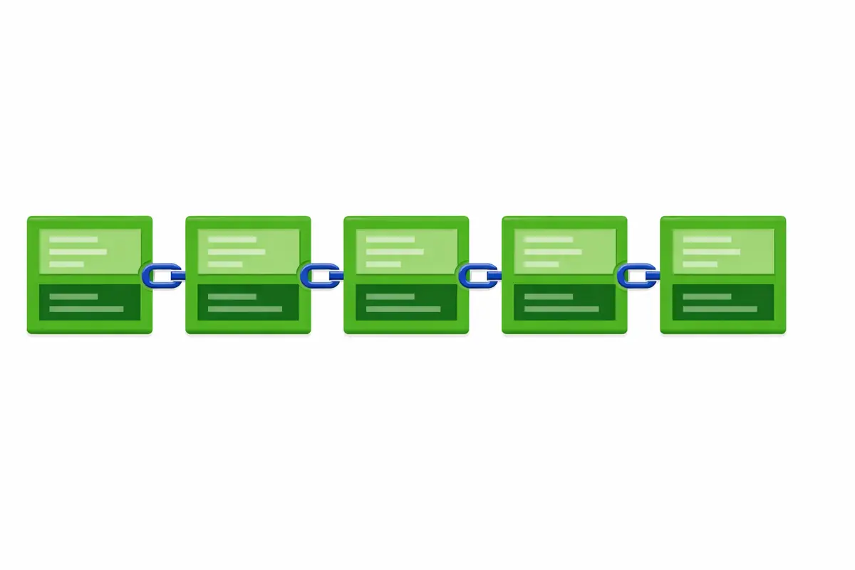 Schéma illustrant le fonctionnement d'une blockchain : blocs de données liés cryptographiquement, formant une chaîne sécurisée et immuable.