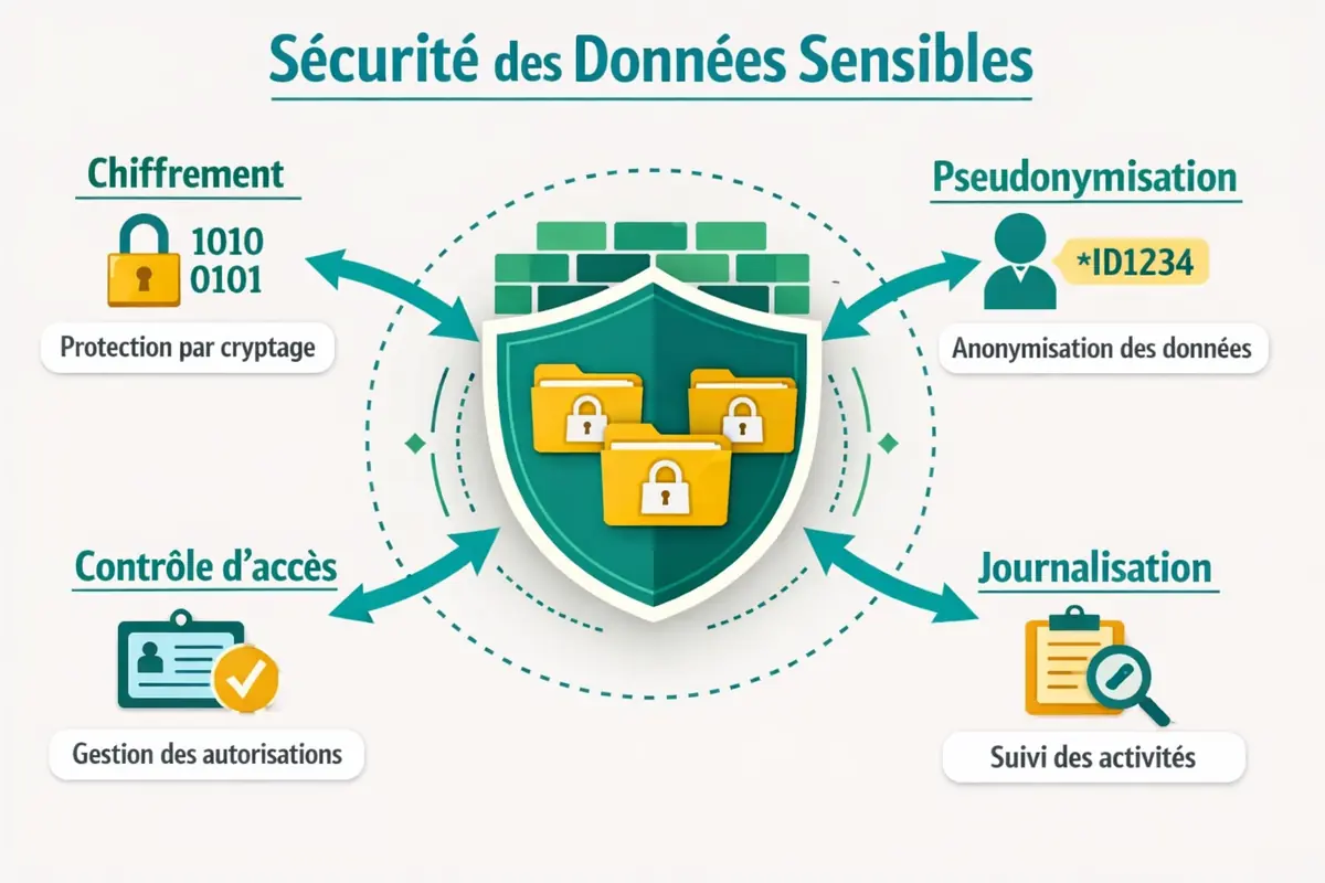 Schéma illustrant les mesures de sécurité techniques et organisationnelles pour la protection des données sensibles selon le RGPD.