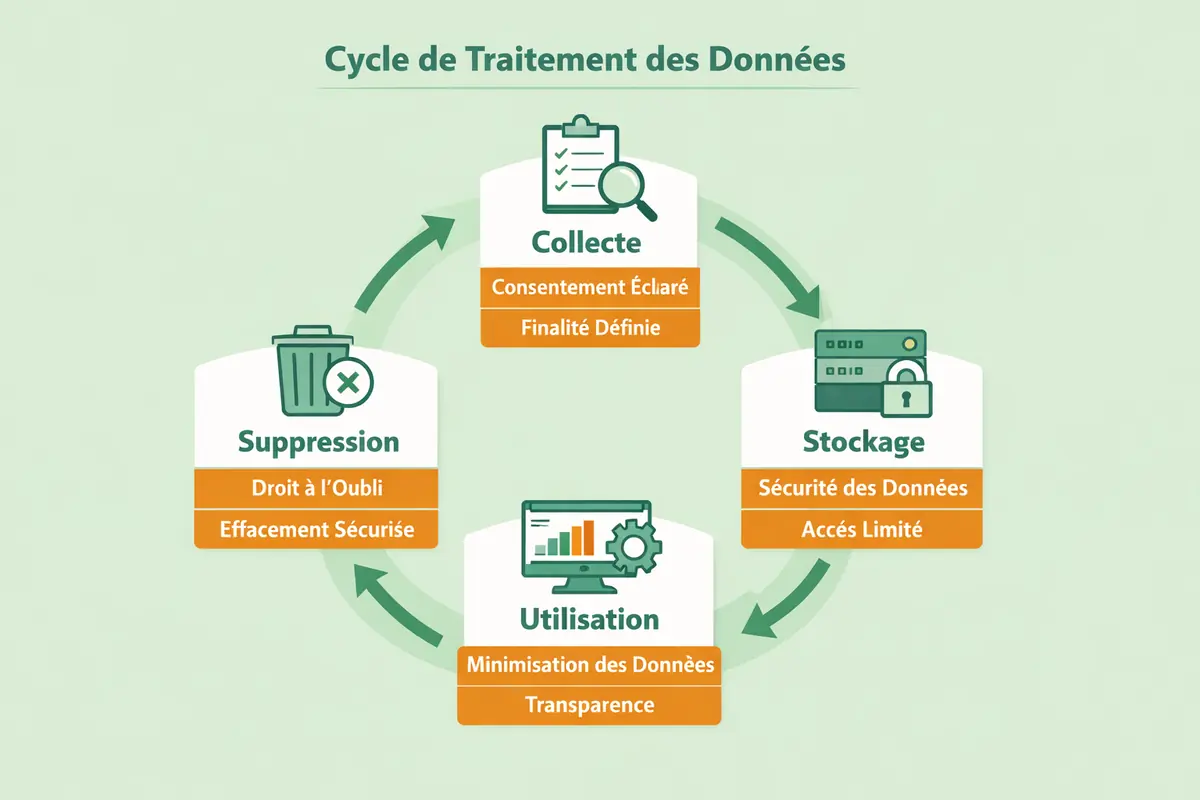 Schéma illustrant les étapes clés du traitement des données personnelles : collecte, stockage, utilisation et suppression, soulignant les obligations RGPD à chaque étape.