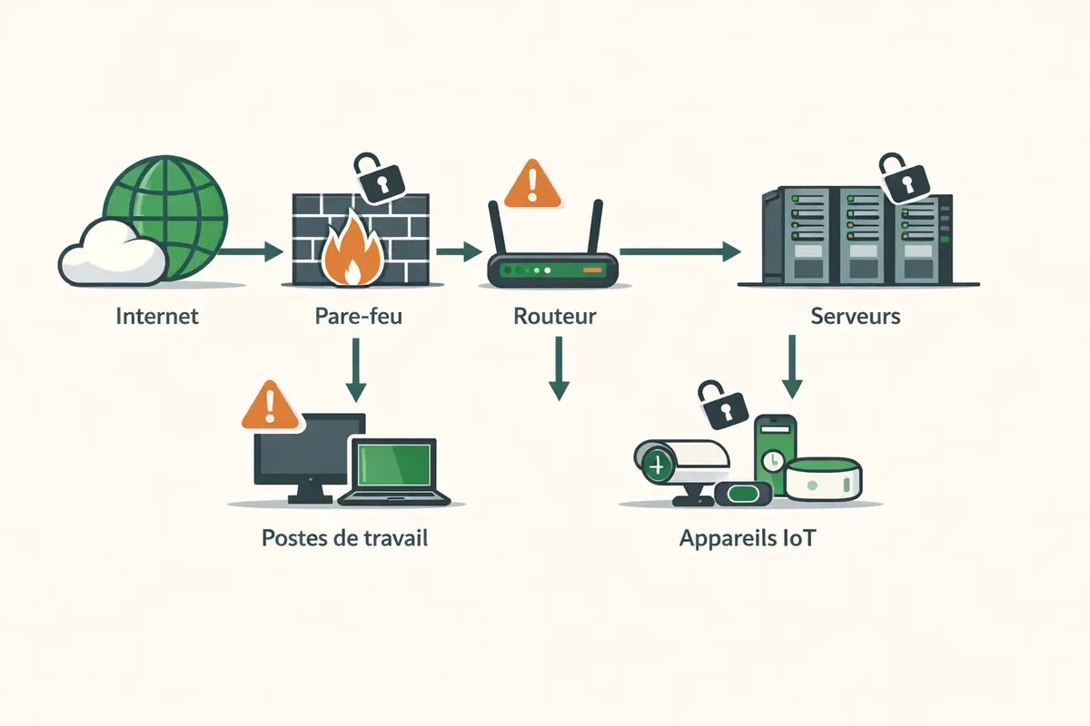 Schéma illustrant un réseau d'entreprise typique avec serveurs, routeurs, postes de travail, et indication des vulnérabilités potentielles (ports ouverts, accès non sécurisés).