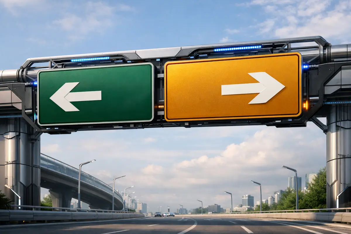 Panneau de signalisation indiquant les mesures de sécurité informatique obligatoires et recommandées, dans une ambiance de haute technologie.