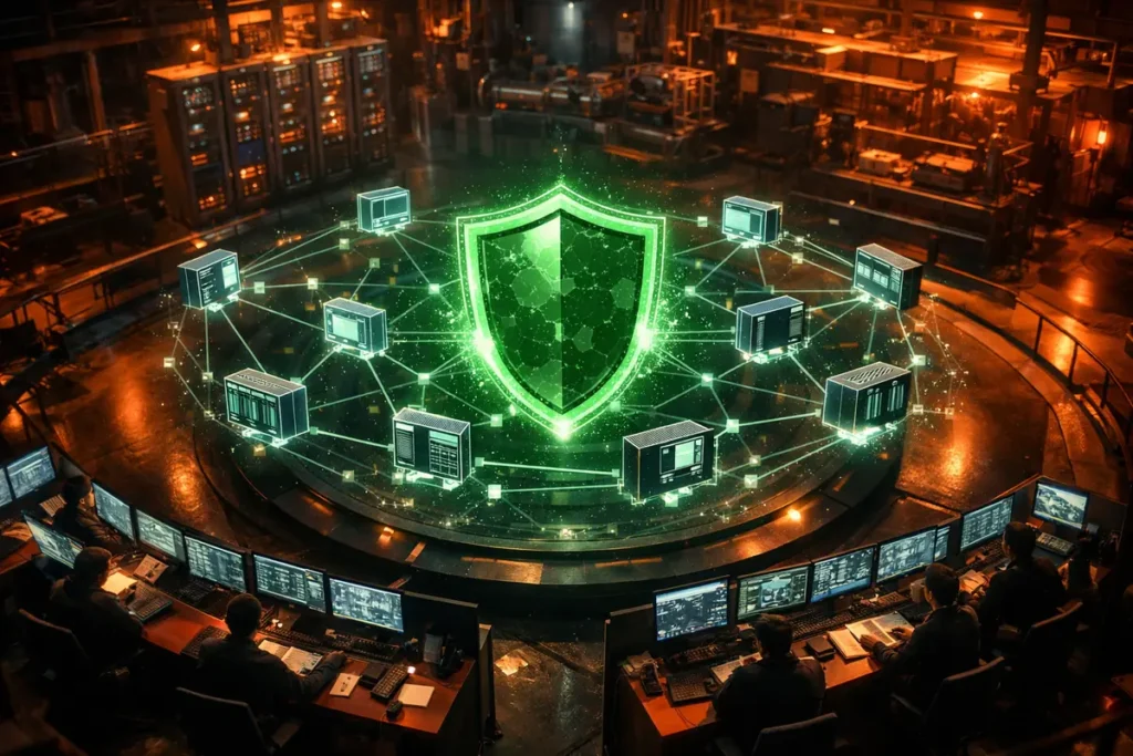 Illustration percutante de la sécurité des réseaux industriels, ambiance futuriste et protection des infrastructures critiques. solutions sécurité des réseaux industriels