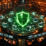 Illustration percutante de la sécurité des réseaux industriels, ambiance futuriste et protection des infrastructures critiques. solutions sécurité des réseaux industriels