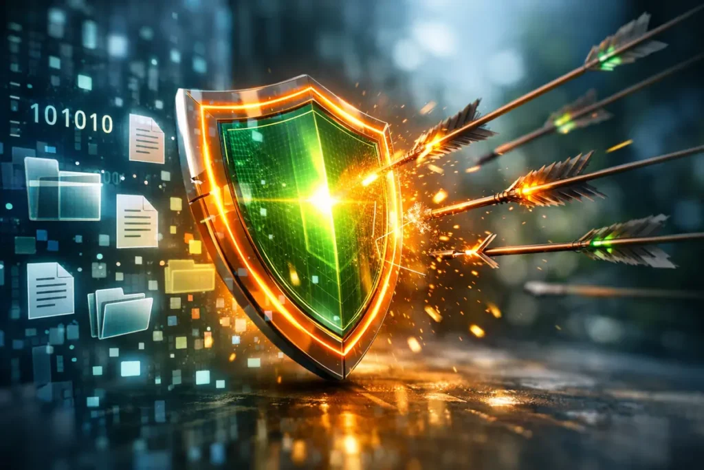 cyber-resilience-phishing-header.jpg Illustration d'un bouclier protégeant des données numériques contre une attaque de phishing, symbolisant la cyber-résilience. phished cyber resilience training